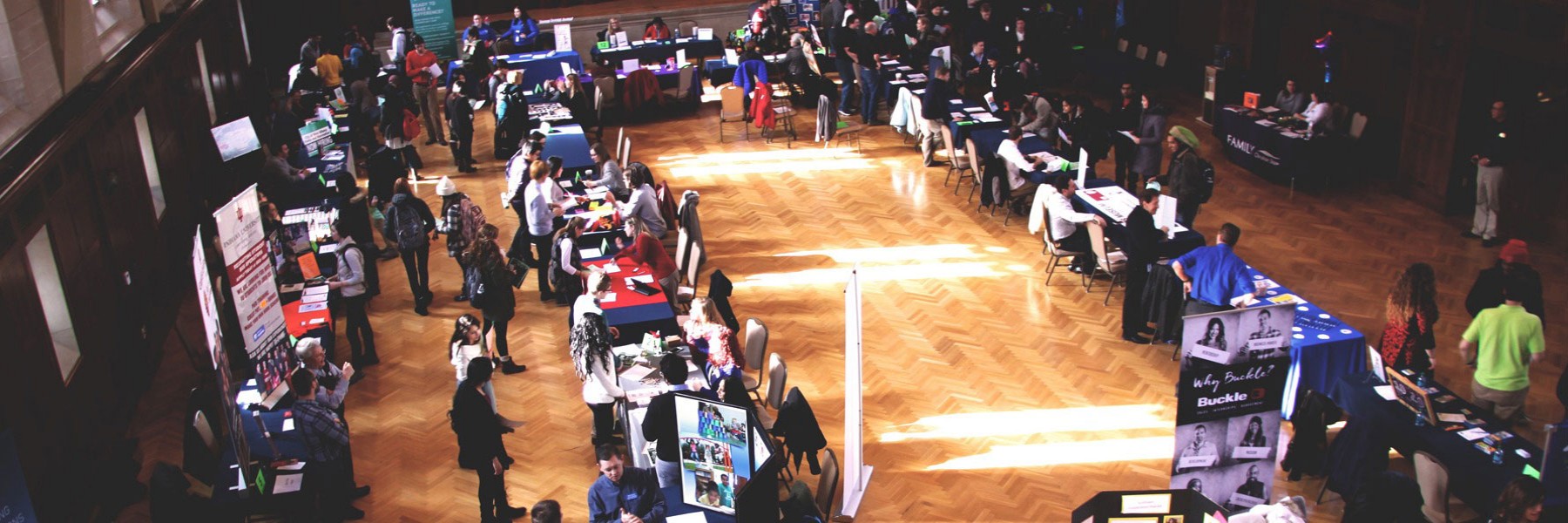 Aerial view of students and employers at a career fair