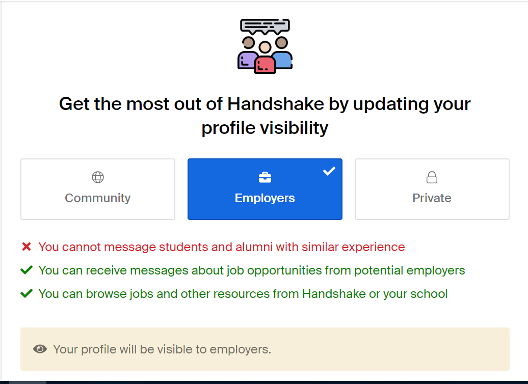 Screenshot of the visibility options with "employers" selected